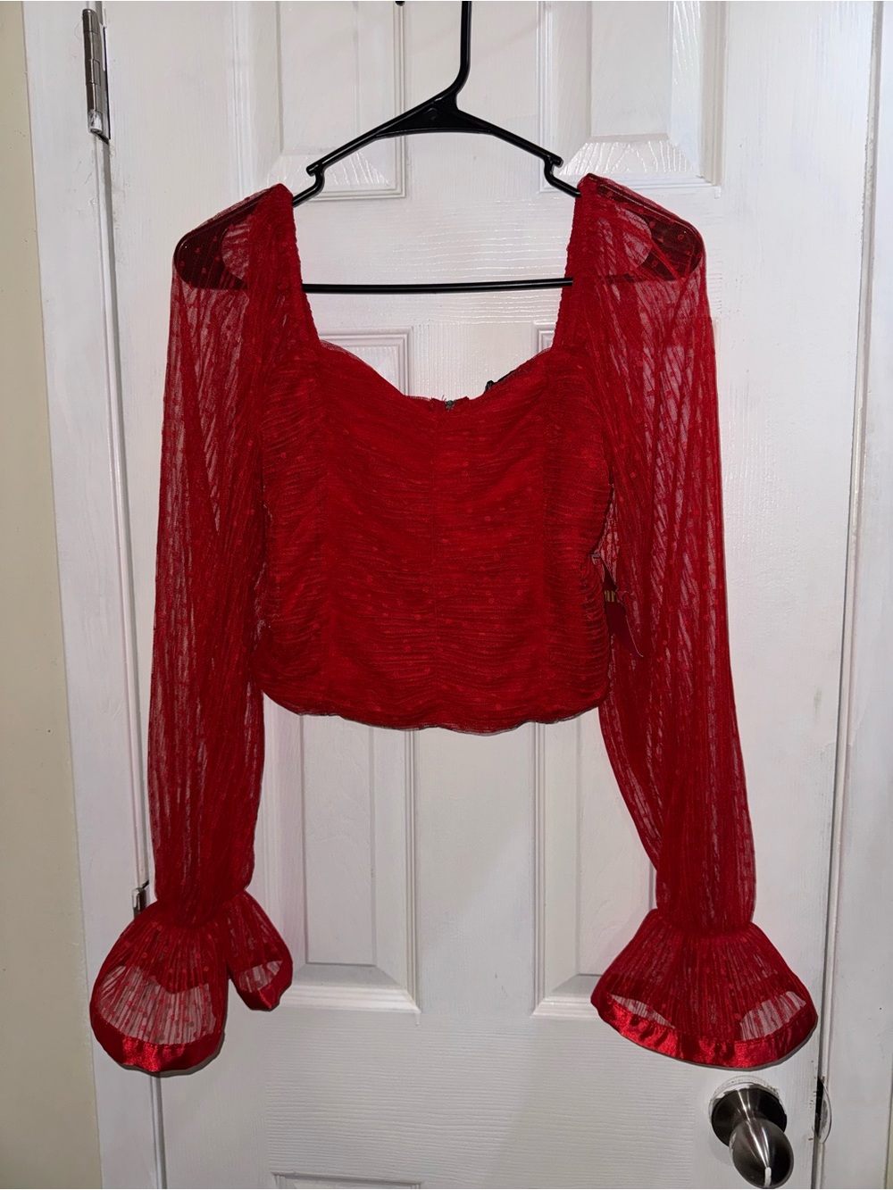 Love X Design Red Sheer Mesh Puff Sleeve Crop Top Women’s Size L Nwt